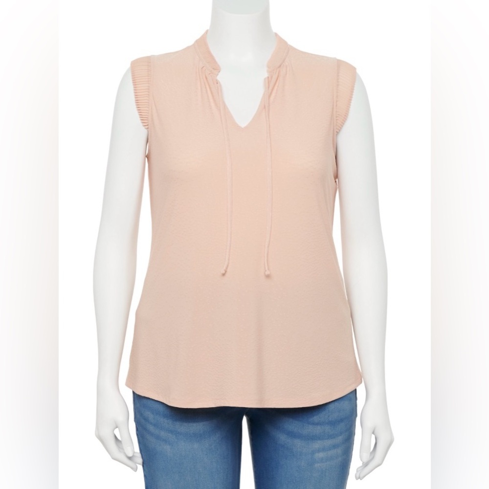 EVRI~ Women’s Pleated Design V- Neck Tank Top‎ Plus Size 1X Tie Closure peach